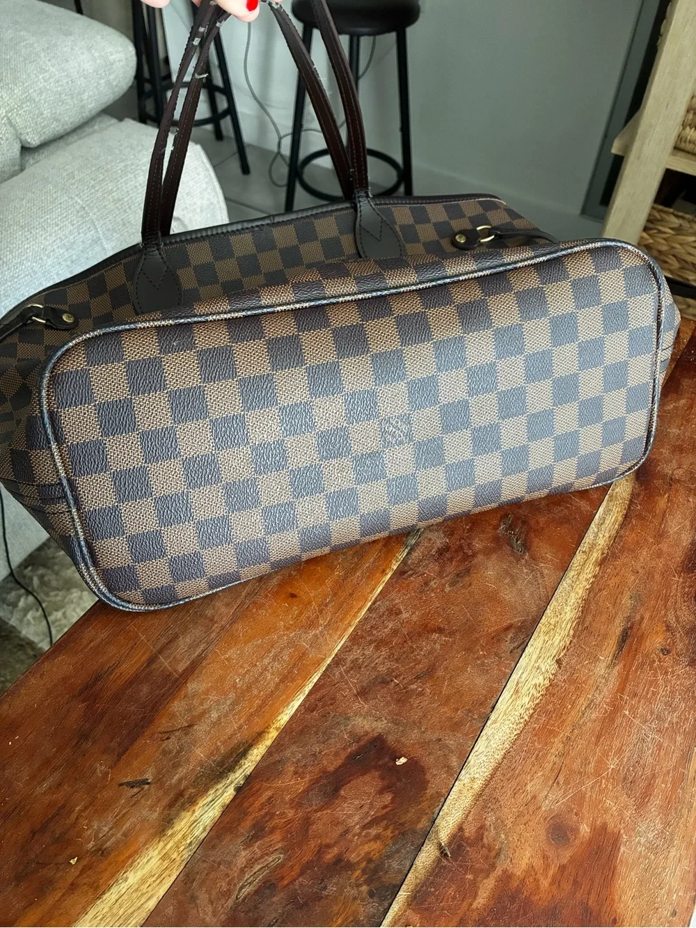 Louis Vuitton Brown Checkered Tote with Red Interior